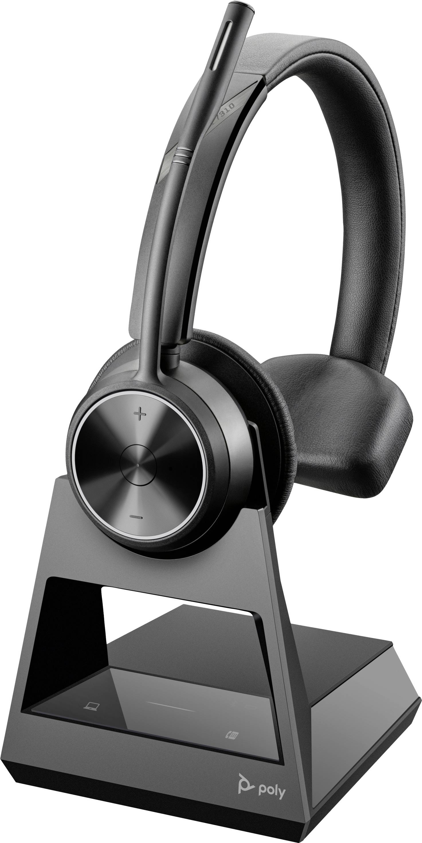 Kabelloses Headset mit Mikrofon, auf Ladestation platziert. Geeignet für Anrufe und Audio, bietet Komfort und Mobilität am Arbeitsplatz.