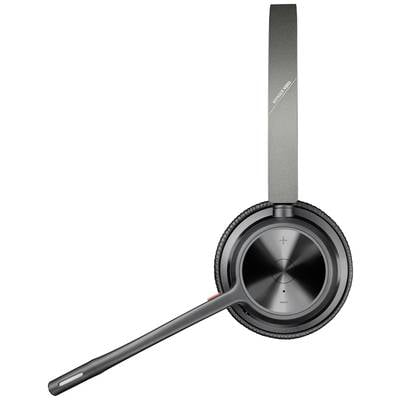 Schwarzes Headset mit Mikrofonarm und Bedientasten, geeignet für Telefonkonferenzen oder Musik. Markierung zeigt Lautstärkeregler.