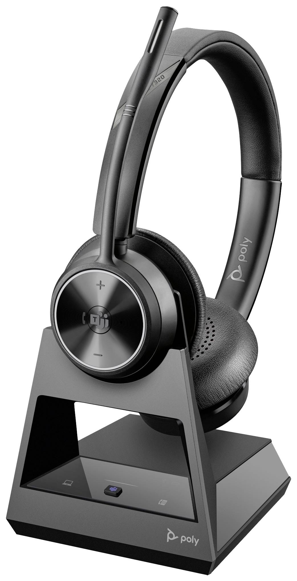 Kabelloses Headset mit Mikrofon auf Ladestation, schwarz-silbernes Design, Markenlogo unten rechts. Ideal für Telefonkonferenzen.