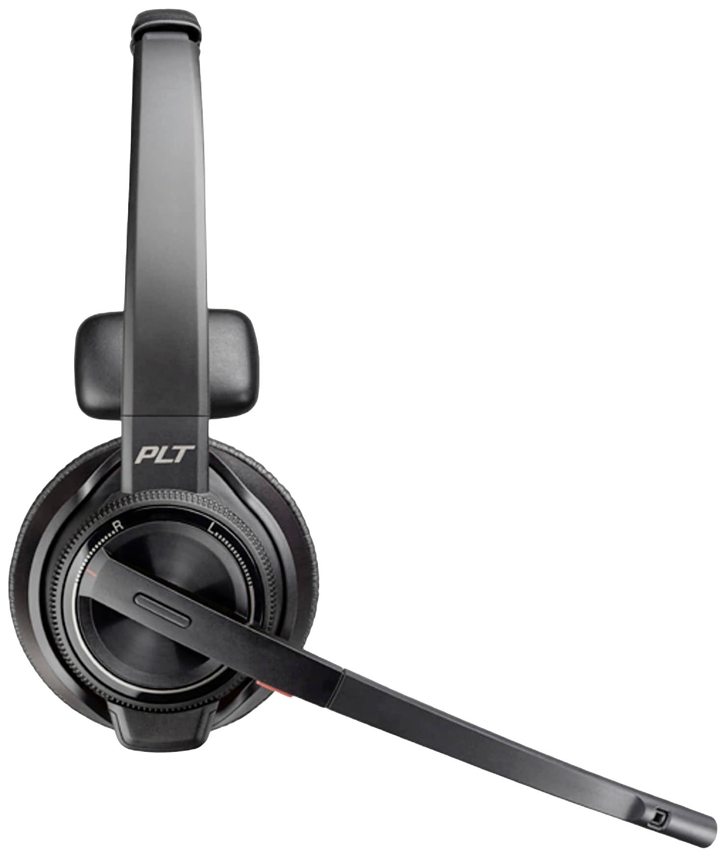Schwarzes kabelloses Headset mit Mikrofon, seitliche Ansicht. Geeignet für Telefonkonferenzen und Musik, minimalistisches Design.
