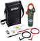 Ein digitales Zangenmultimeter-Set von Extech mit Kabeln, Temperatursensor, Batterie und Tragetasche.