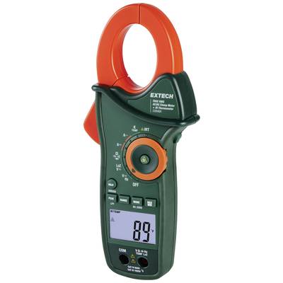 Ein digitales Zangenmessgerät mit orangem Klemmbereich. Es zeigt '89' auf dem Display und hat mehrere Bedienelemente und Anzeigen.