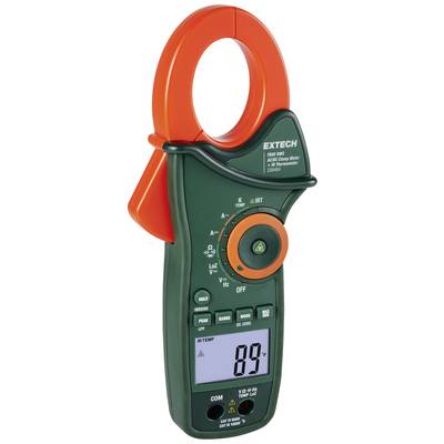 Ein Zangenamperemeter, grün mit orangener Zange und digitalem Display, zeigt numerische Messwerte an und hat diverse Bedienelemente.