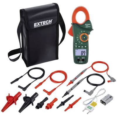 Messgerät-Set mit Zangenmultimeter, Kabeln, Krokodilklemmen und Tasche. Zeigt den Wert '89' auf dem Display.