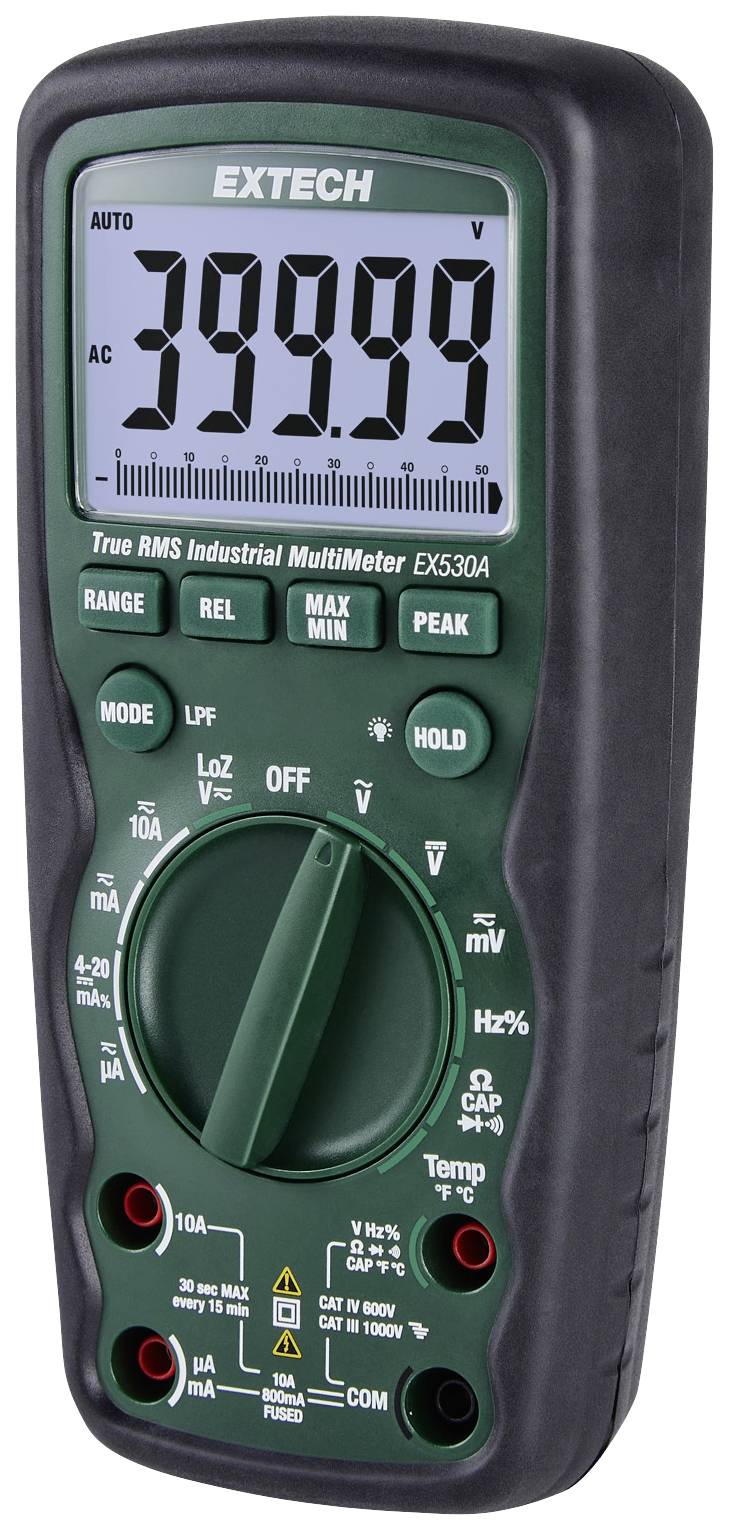 Ein grünes, tragbares digitales Multimeter zeigt '399.99 V' an. Es hat mehrere Messfunktionen und Schalter für Einstellungen.