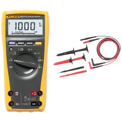 Digitalmultimeter mit gelbem Gehäuse zeigt '1000 V AC' an. Fünf Prüfspitzen mit roten und schwarzen Kabeln sind neben dem Gerät.