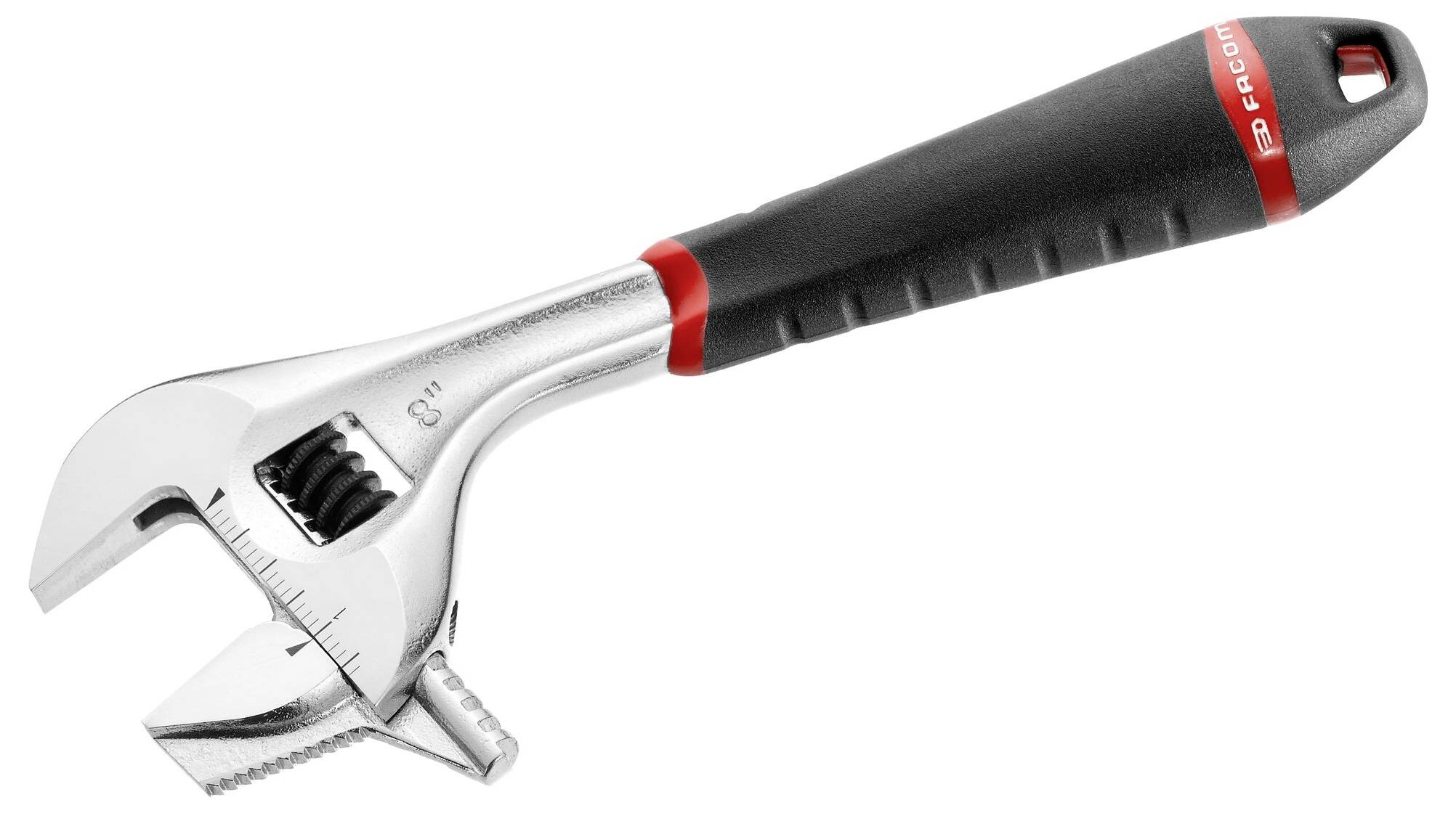 Silberner verstellbarer Schraubenschlüssel mit schwarzem Griff, geeignet für verschiedene Schraubengrößen.