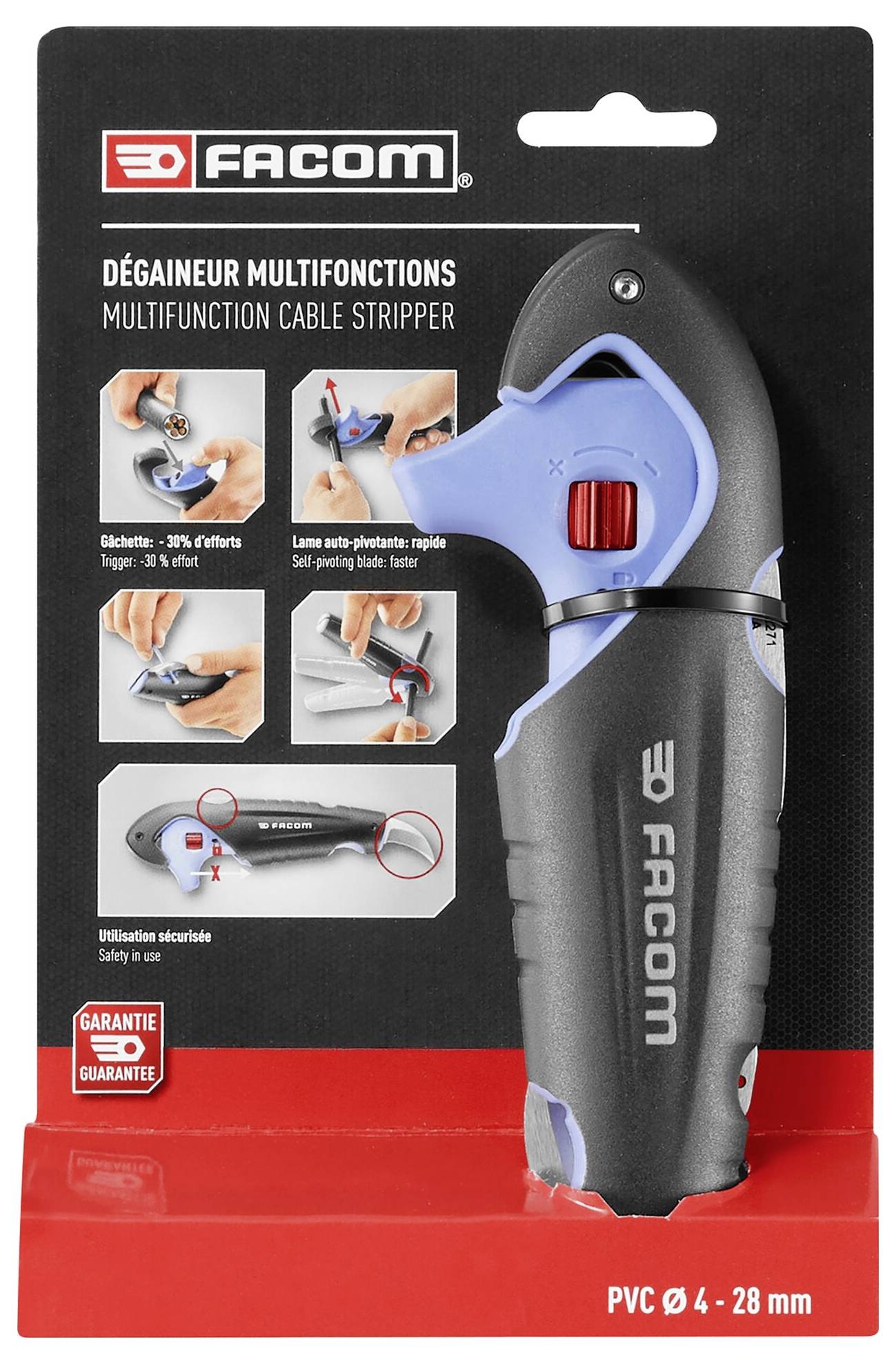 Verpackung eines Multifunktions-Abisolierers 'Facom' mit Bildanleitungen zur Nutzung, Produkt in Schwarz und Blau, geeignet für PVC 4-28 mm.