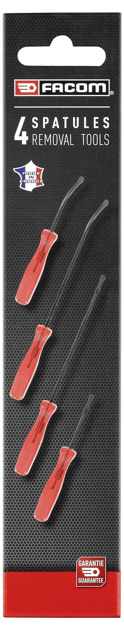 Vier rote Spatel auf schwarzem Hintergrund, verpackt von der Marke Facom. Markiert als '4 Spatules Removal Tools' mit französischem Logo.