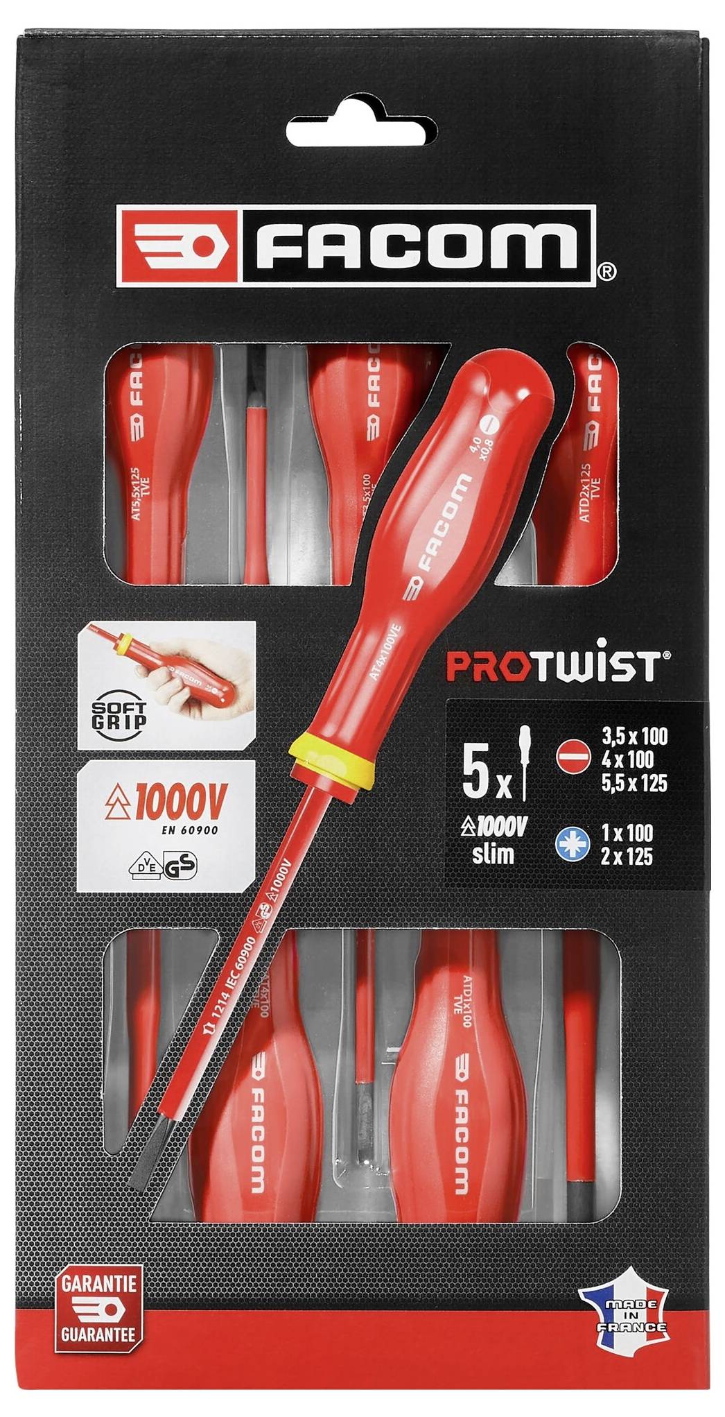 Verpackung mit fünf roten Isolations-Schraubendrehern der Marke Facom 'Protowist', geeignet für bis zu 1000V.