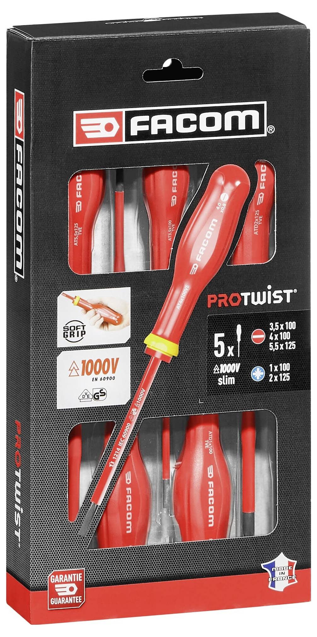'FACOM PROTWIST'-Set: 5 isolierte Schraubendreher, 1000V geprüft, in einer schwarzen Verpackung mit rotem, ergonomischem Griffdesign.