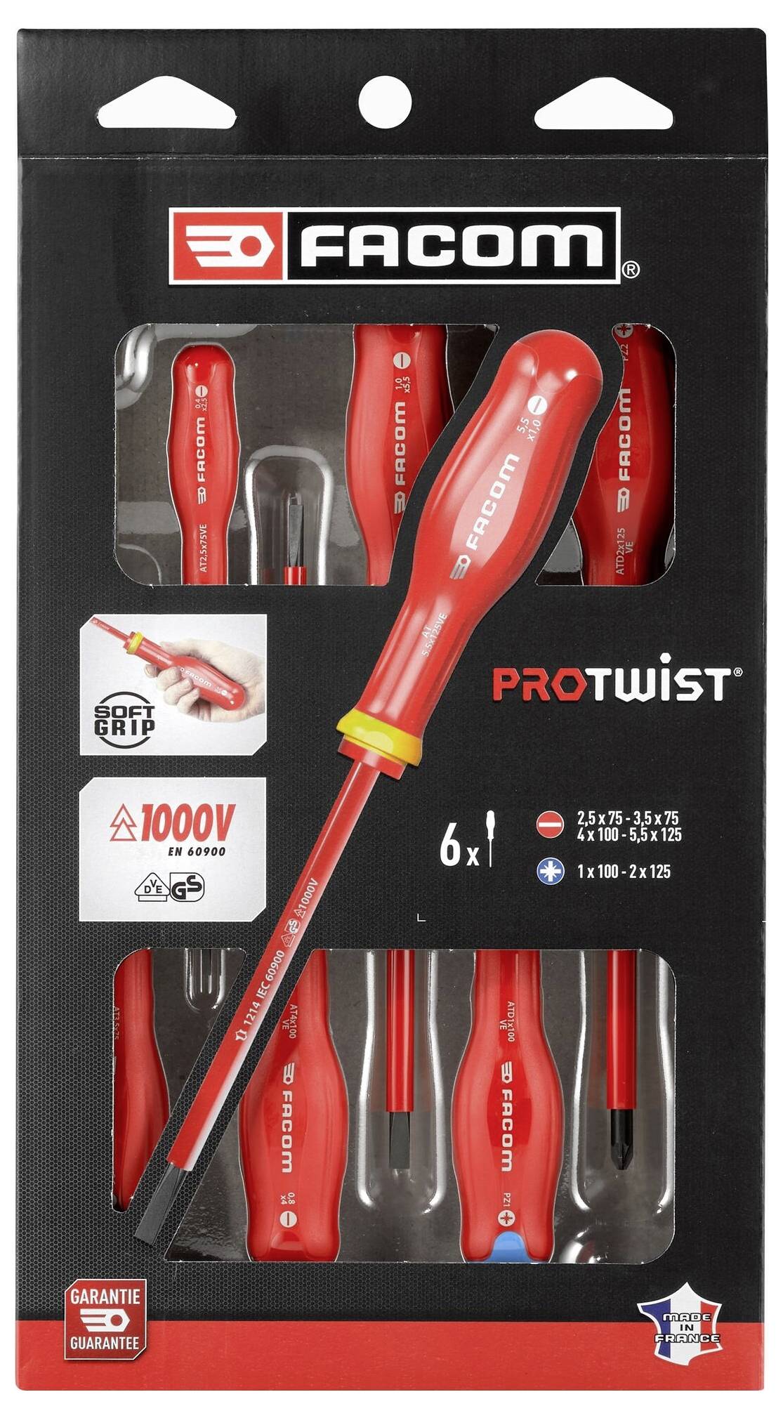 Eine Verpackung mit sechs roten Schraubendrehern der Marke Facom 'Protwiist'. Sie sind für Spannungen bis zu 1000V isoliert.
