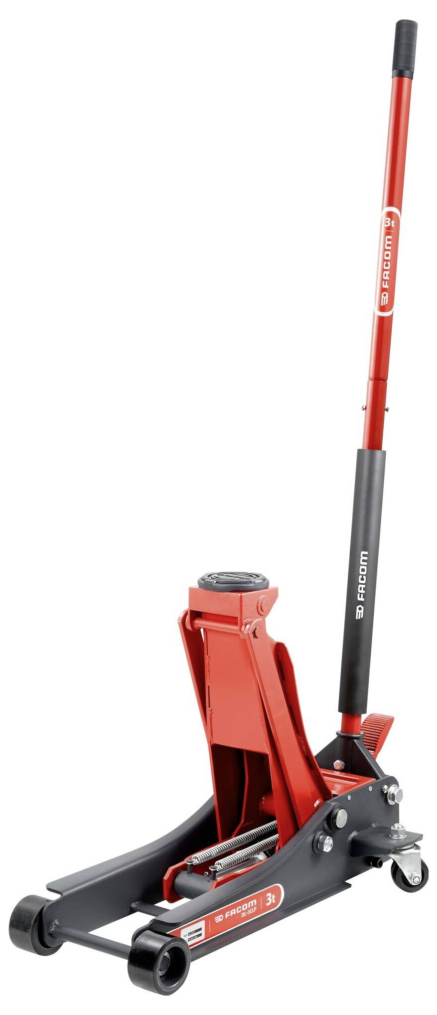 'Roter und schwarzer Wagenheber mit Griff und Hebemechanismus, geeignet für bis zu 3 Tonnen Hebekapazität.'