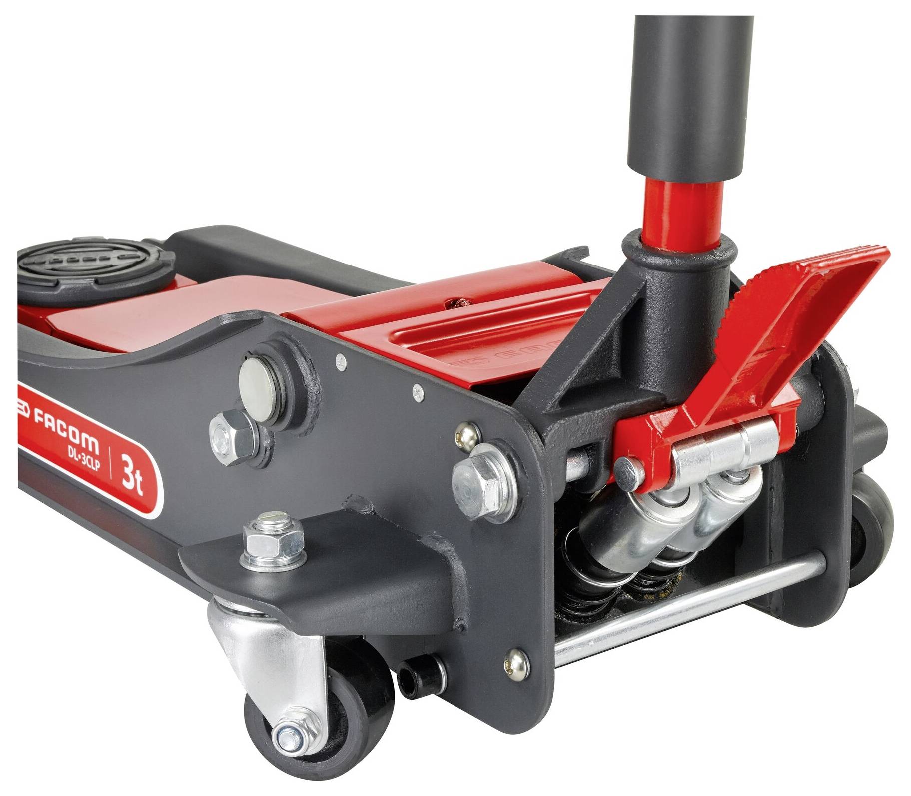 Ein hydraulischer Wagenheber mit rotem und schwarzem Design, geeignet für schwere Lasten bis zu 3 Tonnen.