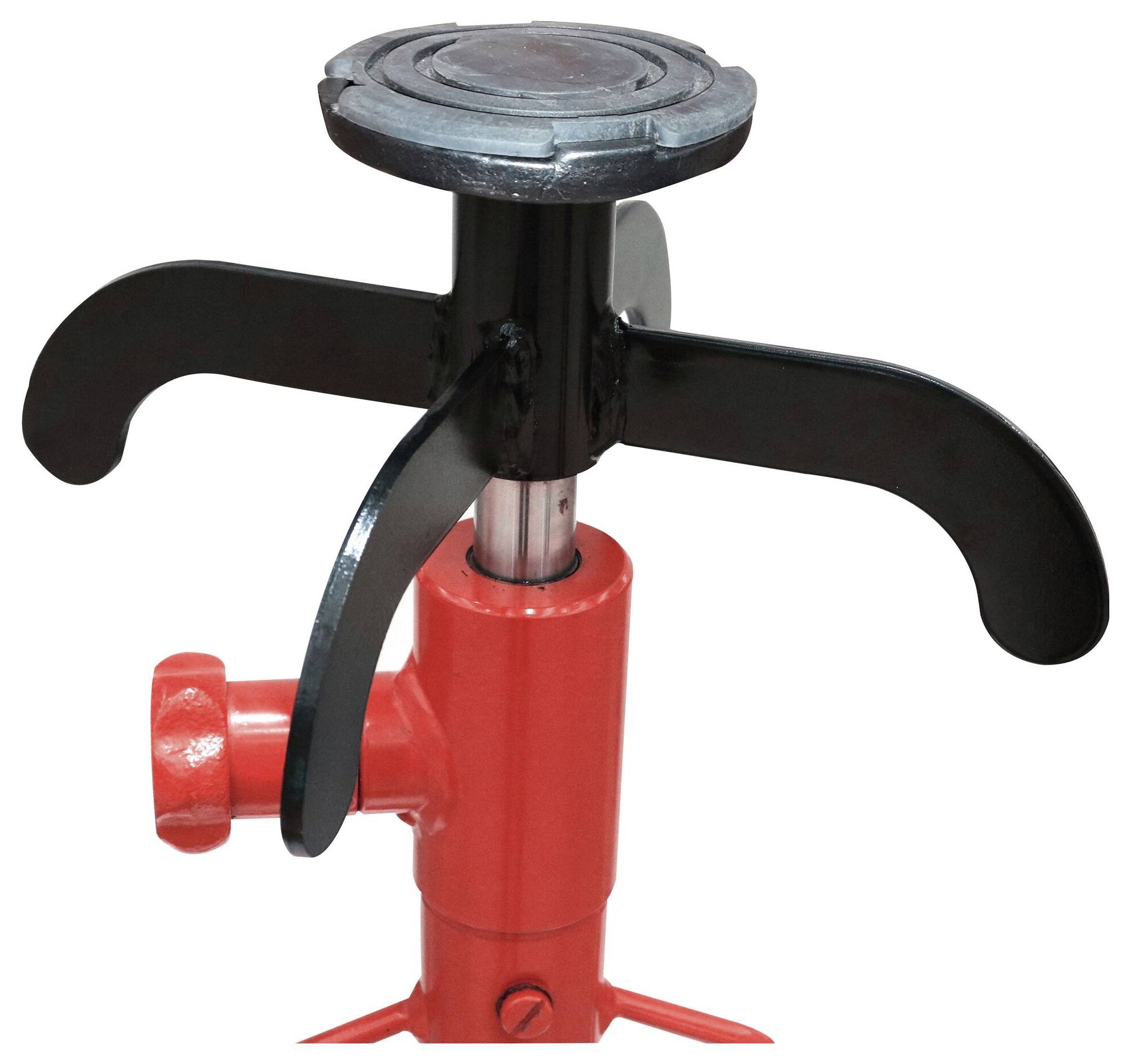 Ein roter Wagenheber mit schwarzem Hebemechanismus ist abgebildet. Er hat eine robuste Metallkonstruktion und ist für schwere Lasten geeignet.