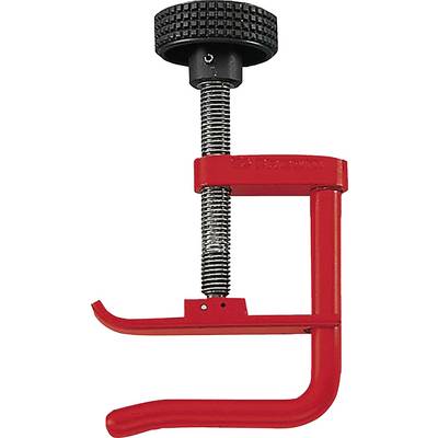 Ein roter Schraubzwinge mit schwarzem Drehknopf. Der Zwinge hat eine C-Form und einen Metallgewindebolzen zum Klemmen von Materialien.