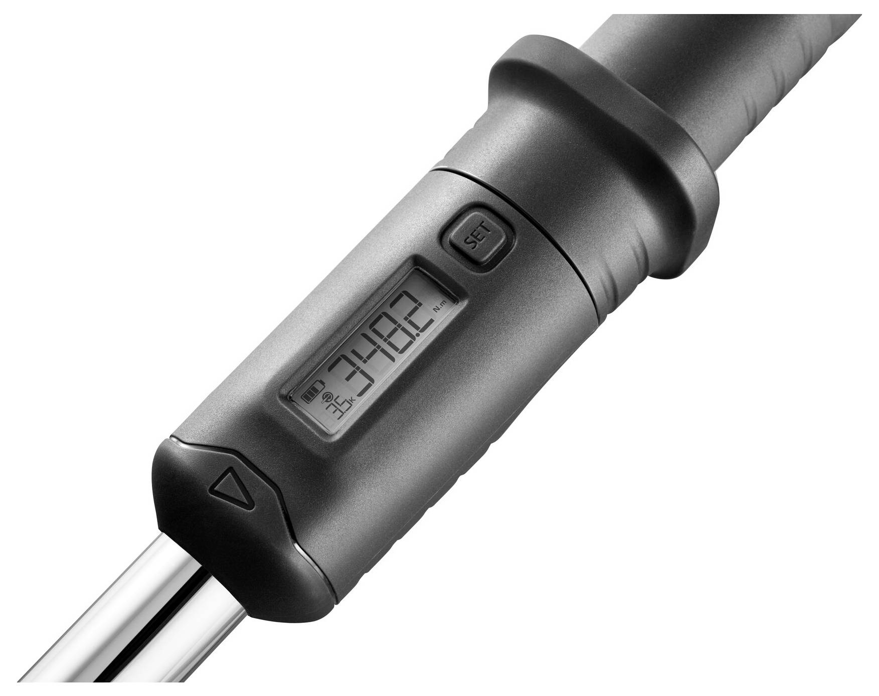 Ein digitales Thermometer mit Display zeigt eine Temperatur von 34,6 Grad Celsius an. Es hat Tasten zur Einstellung und Anzeigeänderung.