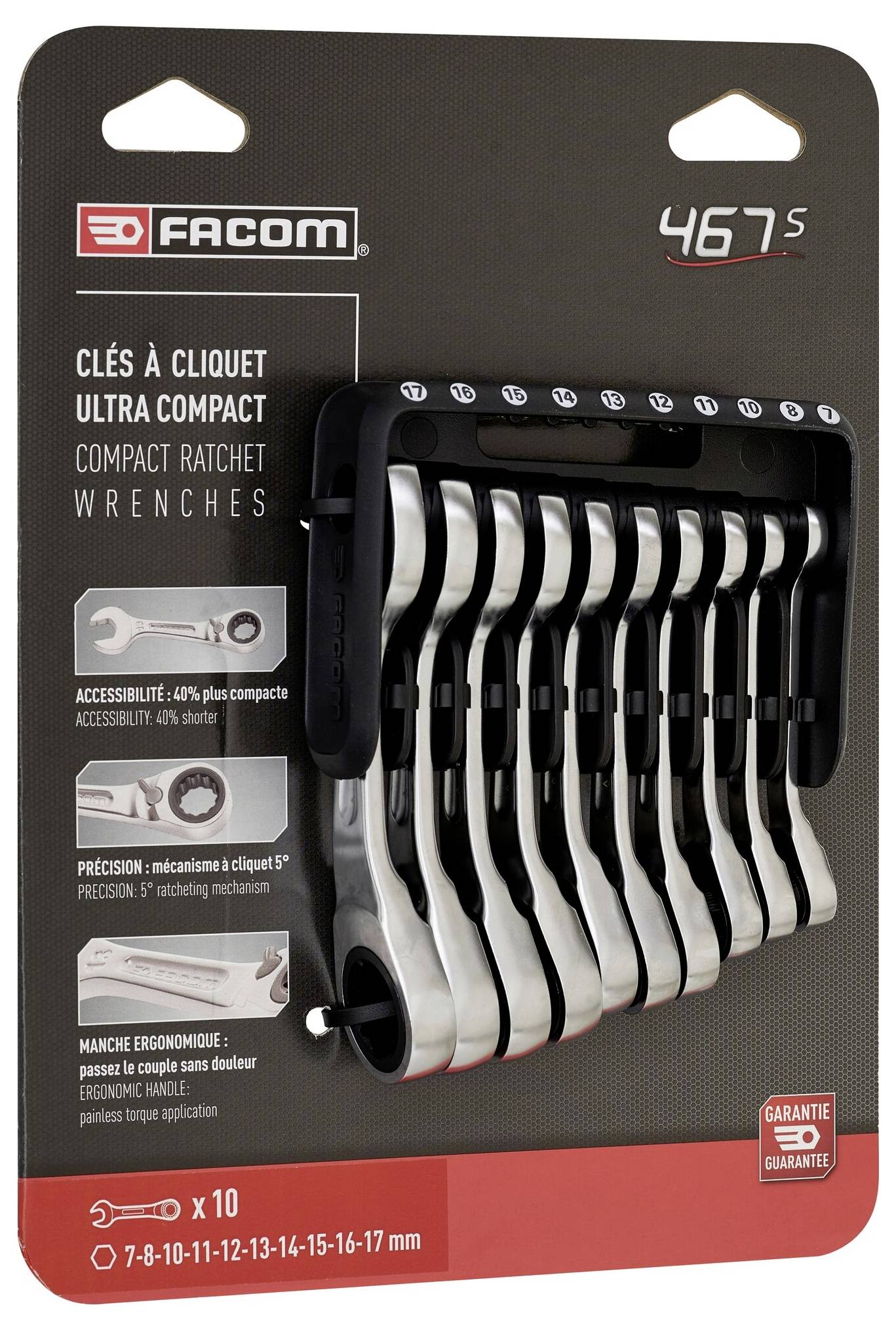 'Facom'-Verkaufsverpackung für einen Satz ultrakompakter Ratschenringschlüssel, 10 Teile, mit Größenangaben von 7 bis 17 mm.