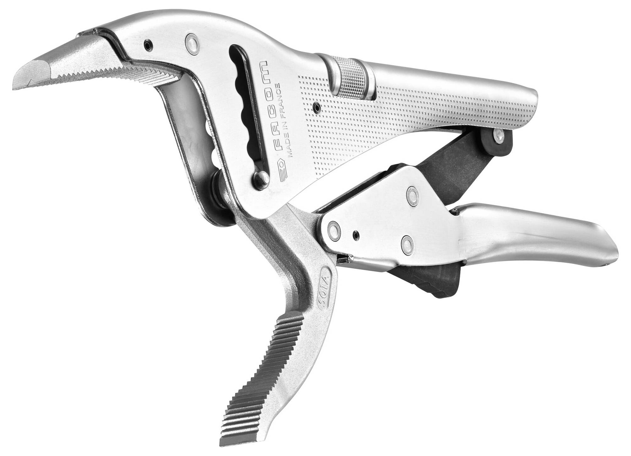 Eine Greifzange aus Metall mit gezahnten Backen und Griffen, geeignet zum Klemmen und Halten von Objekten.