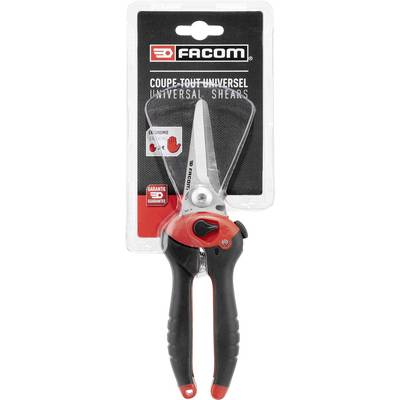 Die Verpackung zeigt eine schwarze und rote Universalschere der Marke Facom mit ergonomischem Griff. Text 'GARANTIE' ist sichtbar.