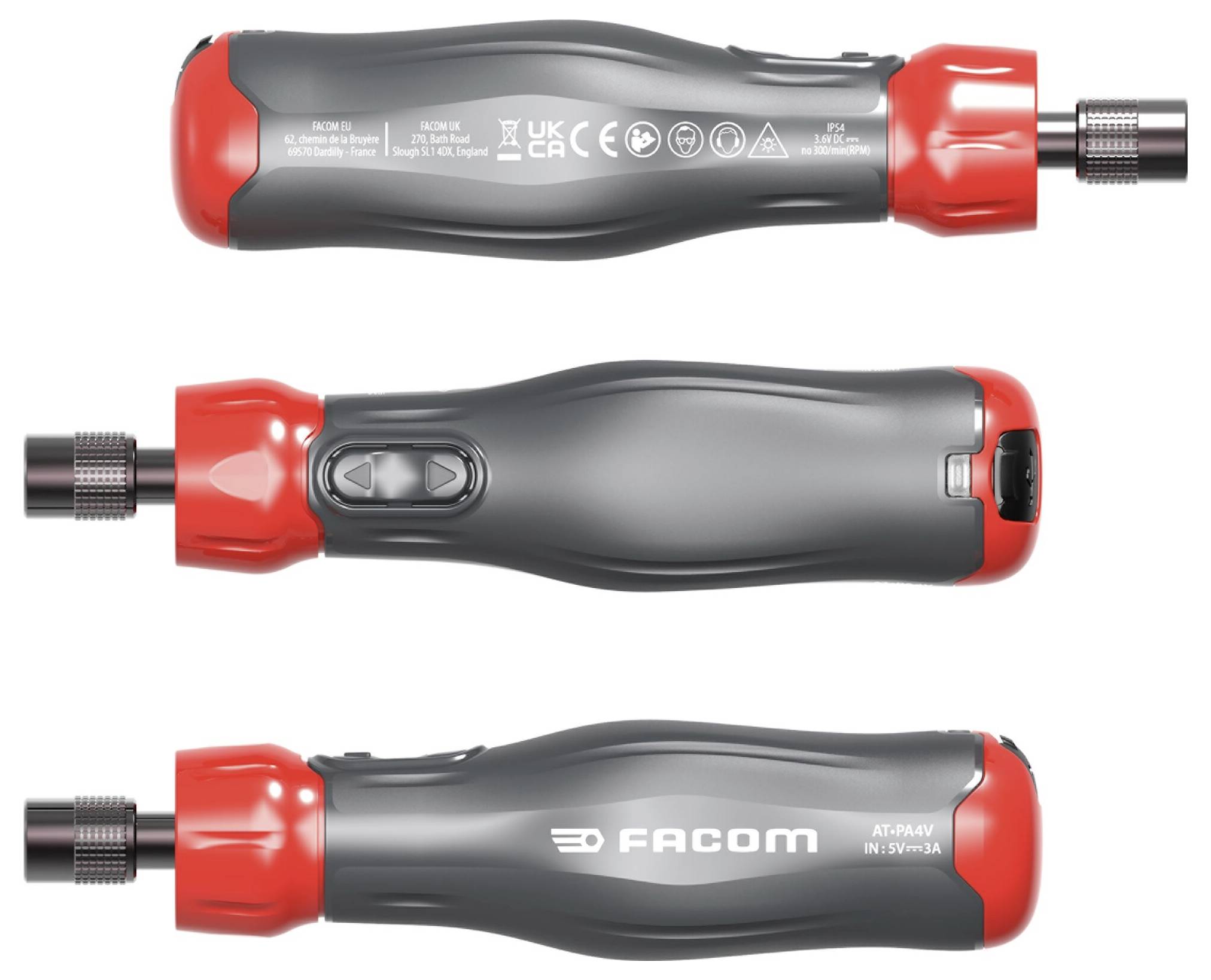 Ein schwarzer und roter elektrischer Schraubendreher von Facom, gezeigt aus drei Perspektiven. Enthält technische Symbole und Beschriftungen.