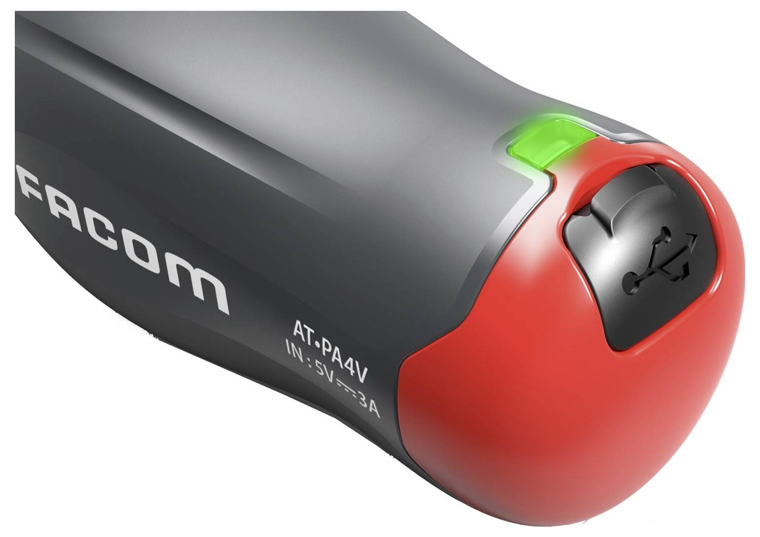 Graues und rotes elektronisches Gerät mit USB-Anschluss und grünem Licht. Beschriftung 'FACOM AT-PA4V' an der Seite.