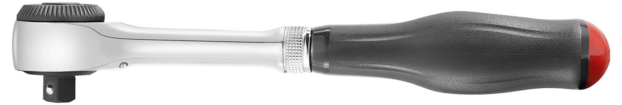 Eine Ratsche mit schwarzem Griff und silbernem Mechanismus, verwendet zum Drehen von Schrauben mit geringem Kraftaufwand.