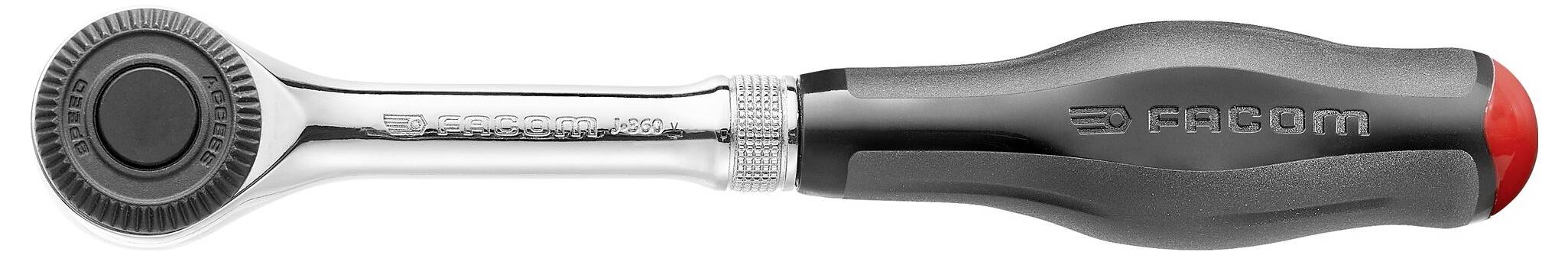 Ein silber-schwarzer Ratschen-Drehmomentschlüssel mit rotem Ende, geeignet für manuelle Schraubarbeiten.