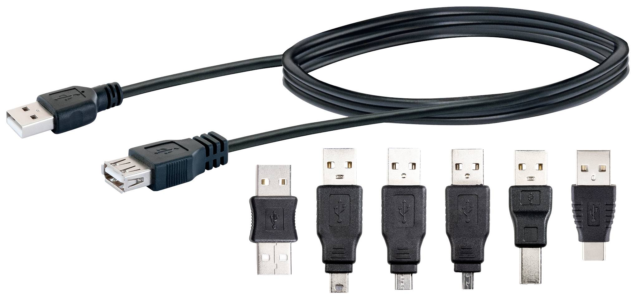 'Abbildung von USB-Kabel und verschiedenen USB-Steckertypen, darunter Typ A, B, Mini-USB, und Micro-USB, auf weißem Hintergrund.'