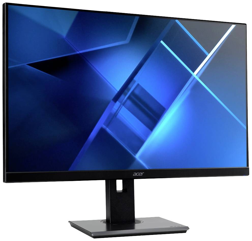 Ein schwarzer Computermonitor mit einem abstrakten, blauen geometrischen Design auf dem Bildschirm.