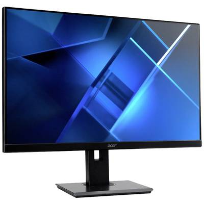 Ein schwarzer Computermonitor mit einem abstrakten, blauen geometrischen Design auf dem Bildschirm.