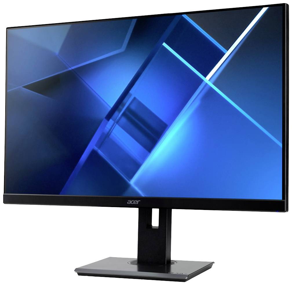 Ein moderner Computerbildschirm mit blauem geometrischem Design auf dem Display.