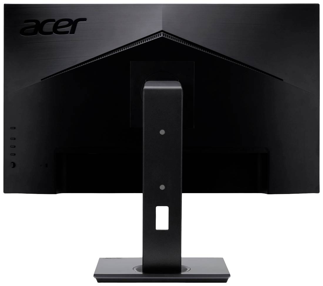'Rückansicht eines schwarzen Acer-Monitors mit rechteckigem Standfuß und vertikaler Strebe in der Mitte.'