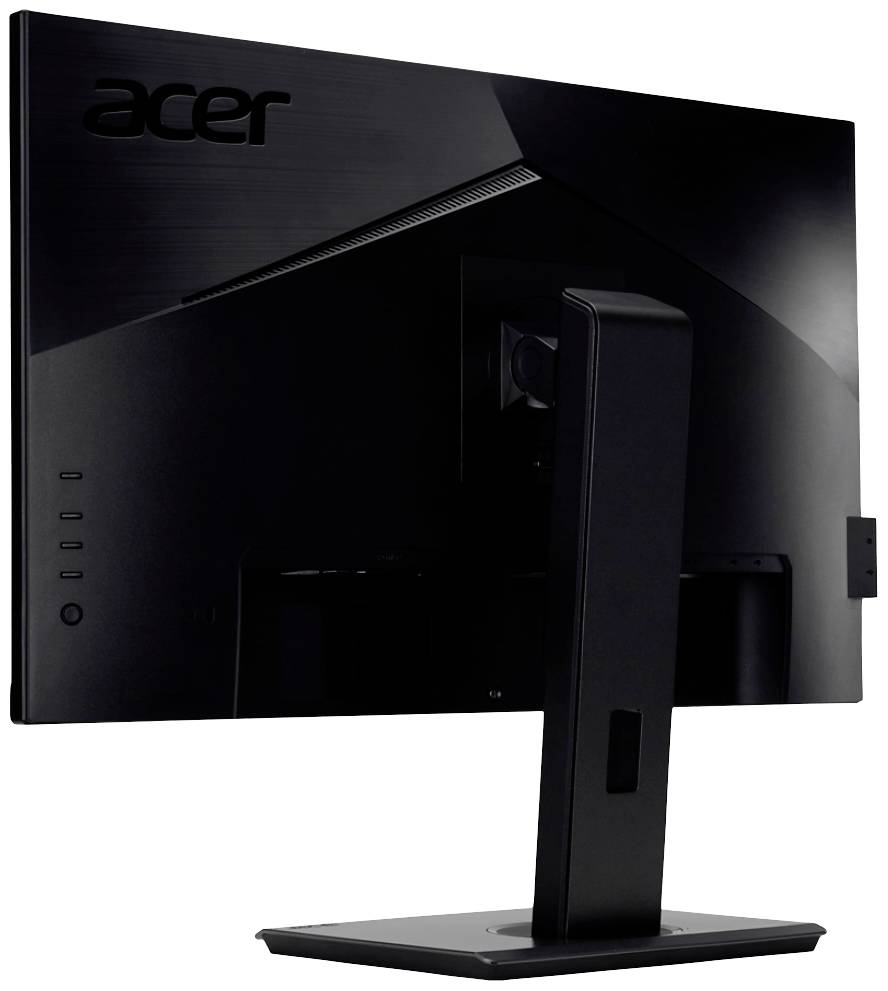 Ein schwarzer Acer-Monitor, Ansicht von hinten, zeigt Standfuß und Rückseite mit Logo und Anschlüssen.