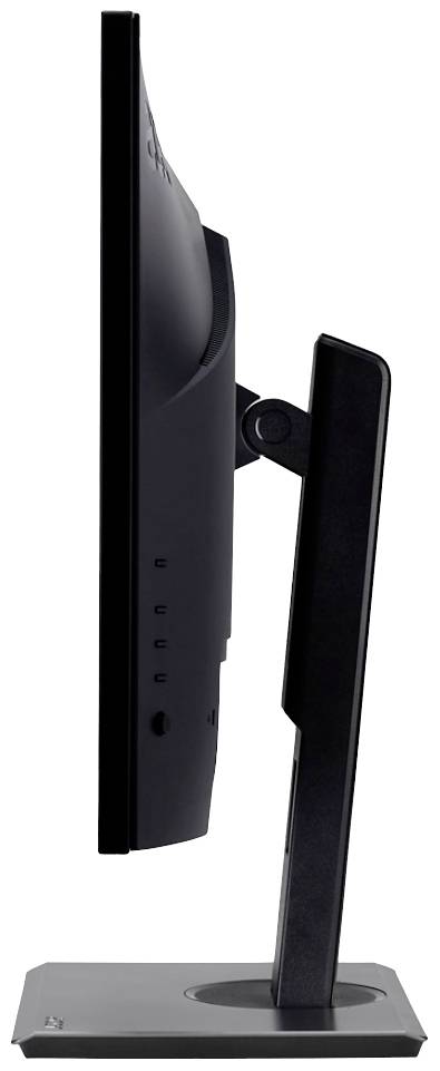 Seitliche Ansicht eines flachen schwarzen Computermonitors mit rechteckigem Standfuß, aufgerichtet, zeigt wenige Knöpfe an der Seite.