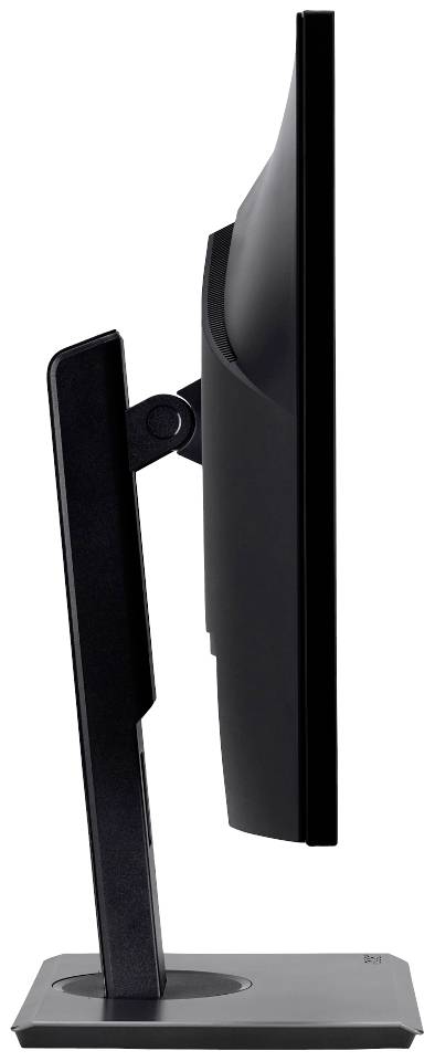 Flacher Computermonitor von der Seite betrachtet, zeigt schlankes Design und Einstellbarkeit der Neigung auf einem stabilen Standfuß.