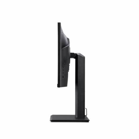Seitenansicht eines schlanken, schwarzen Computermonitors auf einem rechteckigen Standfuß. Bildschirm leicht nach hinten geneigt.