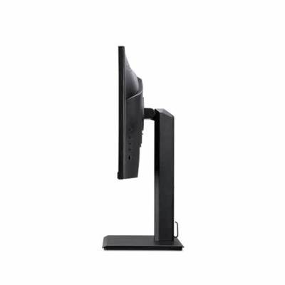 Seitenansicht eines schlanken, schwarzen Computermonitors auf einem rechteckigen Standfuß. Bildschirm leicht nach hinten geneigt.