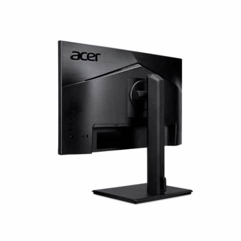 Ein schwarzer Acer-Monitor wird von hinten gezeigt, auf einem rechteckigen Standfuß, mit schlichtem, modernem Design.