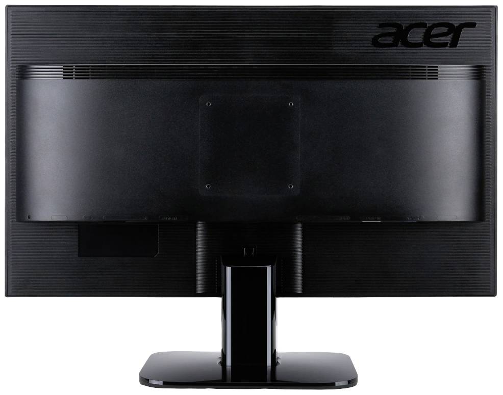 Ein schwarzer Computermonitor von hinten, mit dem Markennamen 'Acer' oben rechts sichtbar.