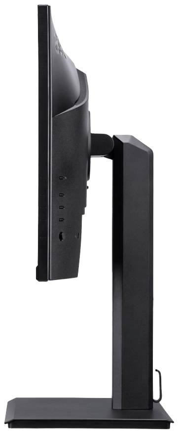 Ein seitlich gezeigter schwarzer Computermonitor auf einem Standfuß, betont die schlanke Bauweise und verstellbare Optionen.