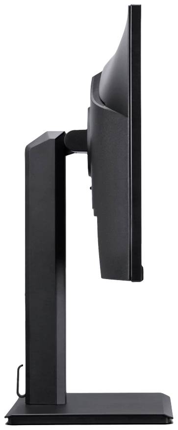 Seitenansicht eines schlanken Computerbildschirms auf einem rechteckigen Standfuß, zeigt minimale Dicke und moderne Gestaltung.