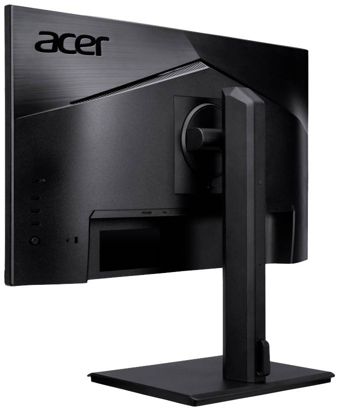 Ein schwarzer Computerbildschirm von Acer mit schlankem, modernem Design und einem stabilen Standfuß, seitliche Ansicht.