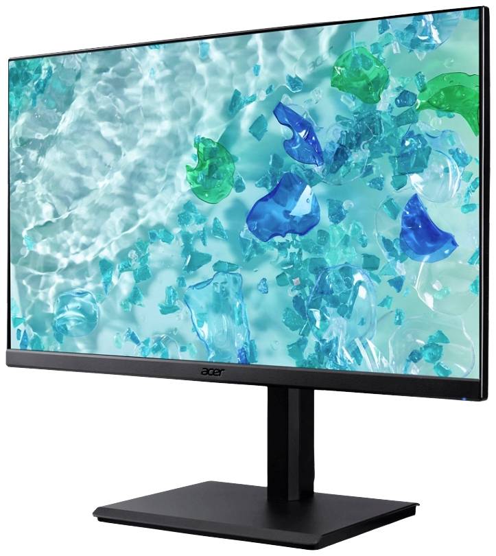 Ein Computer-Monitor, der ein aquatisch inspiriertes Hintergrundbild mit blau-grünen Farbtönen und transparenten Formen zeigt.
