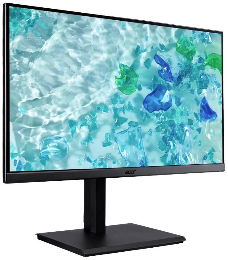 Ein schwarzer Computermonitor zeigt ein abstraktes Bild mit blau-grünen Wellenformen.