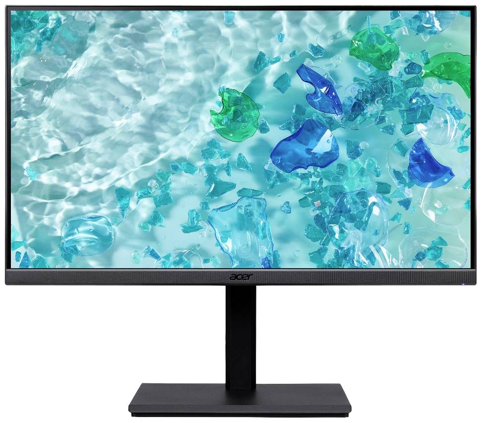 Ein Monitor mit schwarzem Rahmen zeigt auf dem Bildschirm ein Bild von blauem Wasser und bunten Glasstücken in verschiedenen Farben.