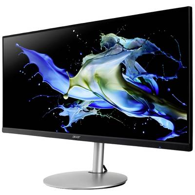 Breiter Computerbildschirm mit lebhaftem blauen und grünen Farbmotiv auf schwarzem Hintergrund. Modernes, schlankes Design.