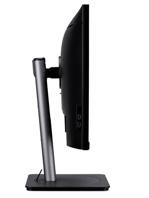 Ein Monitor von der Seite zeigt ein schlankes, modernes Design, montiert auf einem verstellbaren schwarzen Ständer.