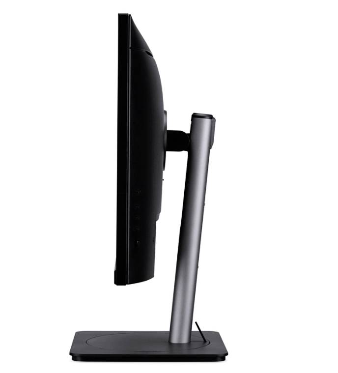 Ein schwarzer Computermonitor im Profil auf einem verstellbaren silbernen Standfuß, vor weißem Hintergrund.