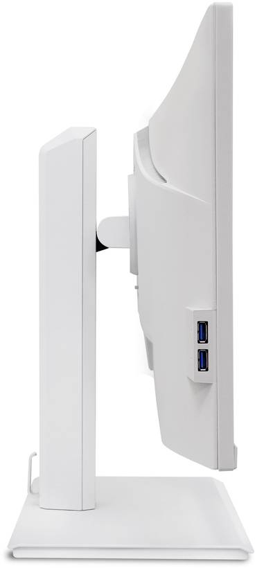 Ein weißer Computermonitor von der Seite mit zwei USB-Anschlüssen auf der Rückseite sichtbar.